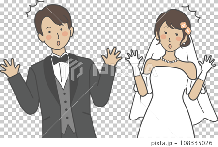 結婚式イラスト、ウェディング、両手を広げて驚く新郎新婦 結婚式イラスト、ウェディング、両手を広げて驚く新郎新婦 108335026