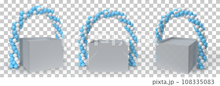 3d rendering of Arch Balloons Isolated.,White and Blue Balloons in Shape of Arc., white and blue balloon arc portal wrapper product display. 3d rendering of Arch Balloons Isolated.,White and Blue Balloons in Shape of Arc., white and blue balloon arc portal wrapper product display. 108335083