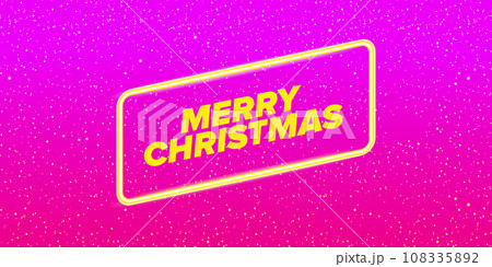 Merry Christmas horizontal banner with neon greeting text on pink night sky background. Merry Christmas flyer, card or invitation with starry space and text 108335892