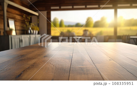 wooden table top on the background of a wooden cafe in the countryside in the middle of nature wooden table top on the background of a wooden cafe in the countryside in the middle of nature 108335951