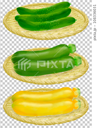ザルにのったキュウリとズッキーニのイラストセット 108336031