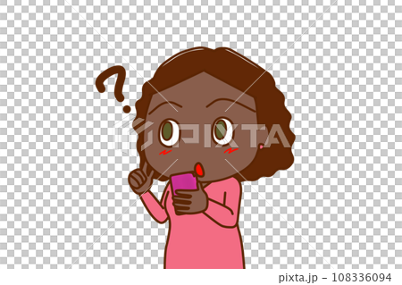（上半身斜め）スマホを持ってキョトンと分からなくなり思い出そうとするアフリカ系女性 108336094