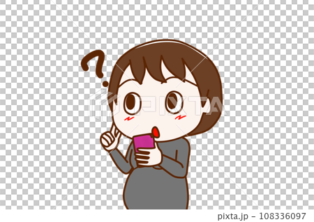 (上半身斜め)スマホを持ってキョトンと分からなくなり思い出そうとする妊婦 (上半身斜め)スマホを持ってキョトンと分からなくなり思い出そうとする妊婦 108336097