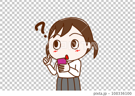 (Upper body diagonal) A female student holding a smartphone and trying to remember something completely confused (Upper body diagonal) A female student holding a smartphone and trying to remember something completely confused 108336100