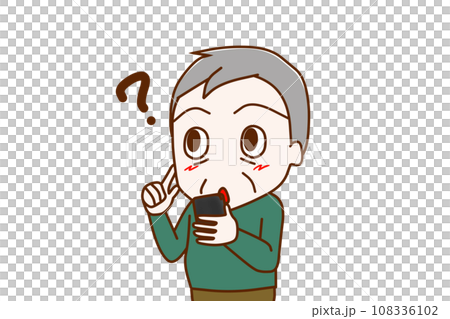 (Upper body diagonal) An elderly man holding a smartphone and having trouble remembering everything (Upper body diagonal) An elderly man holding a smartphone and having trouble remembering everything 108336102