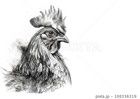 Image of line drawing of a rooster with ink on a white background. Farm animals. Image of line drawing of a rooster with ink on a white background. Farm animals. 108336319