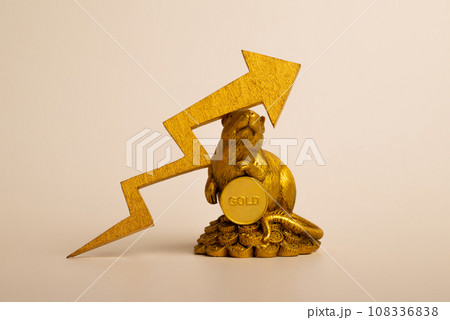 A figurine of a mouse with a gold coin. Gold price and rising chart. Business and finance concept. A figurine of a mouse with a gold coin. Gold price and rising chart. Business and finance concept. 108336838