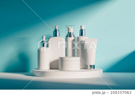 3d illustration of set of diverse cosmetic containers in white color standing on pedestal over blue background 3d illustration of set of diverse cosmetic containers in white color standing on pedestal over blue background 108337062