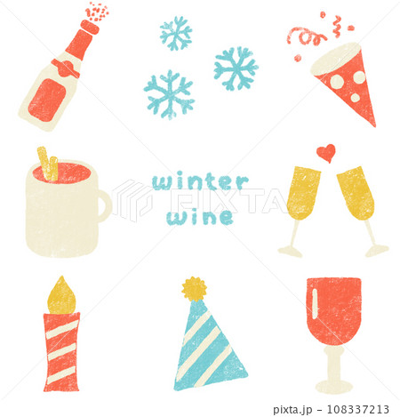 冬に使えるワインのイラストセット　レトロ風 108337213