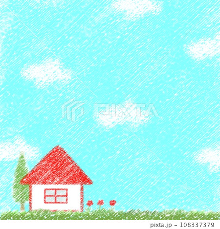 野原と赤い屋根のお家のクレヨンイラスト【1:1】 108337379