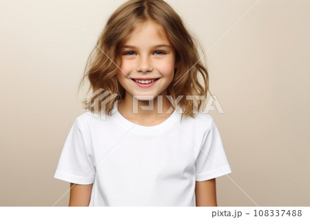 White blank t shirt mock up. Girl beige wall background 108337488