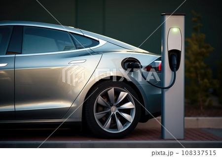 electric car plugged into a charging station. 108337515