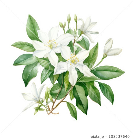 watercolor jasmine flowers illustration on a white background. 108337640
