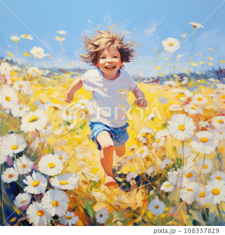 smiling child runs through a blooming field smiling child runs through a blooming field 108337829