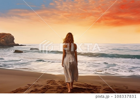 Beautiful slim woman with long hair on the beach 108337831
