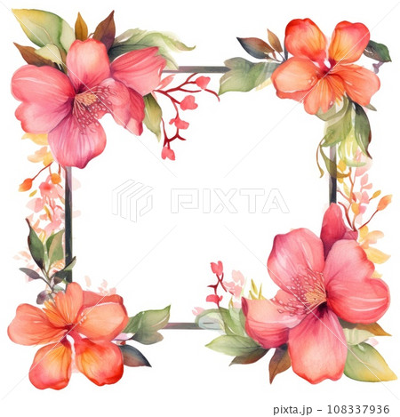 square frame of watercolor tropical flowers and leaves on white background. 108337936