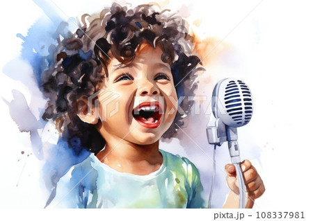 cartoon watercolor little boy character with microphone on white background cartoon watercolor little boy character with microphone on white background 108337981