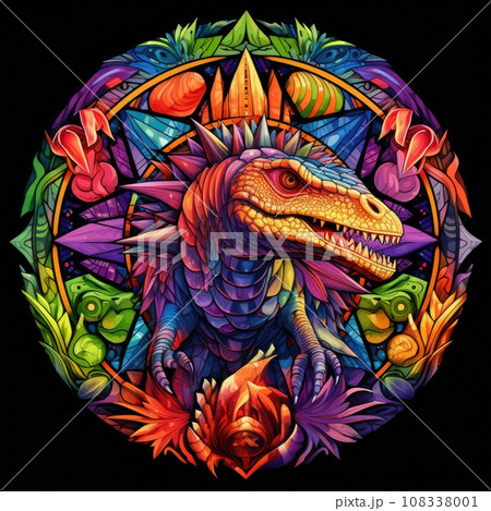 Colorful dinosaur mandala art on black background. Design print for t-shirt 108338001