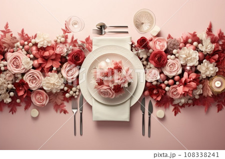 Christmas table setting with dishware, silverware and decorations on festive table. Top view. Christmas table setting with dishware, silverware and decorations on festive table. Top view. 108338241