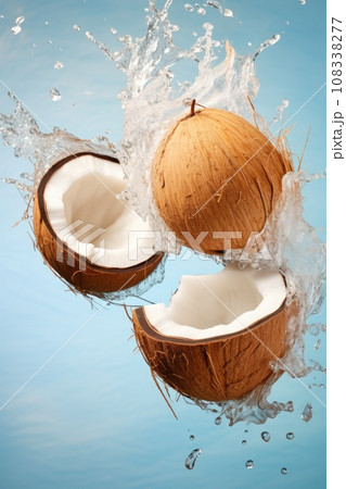 coconut with splashes fly in the air on blue pastel background. coconut with splashes fly in the air on blue pastel background. 108338277