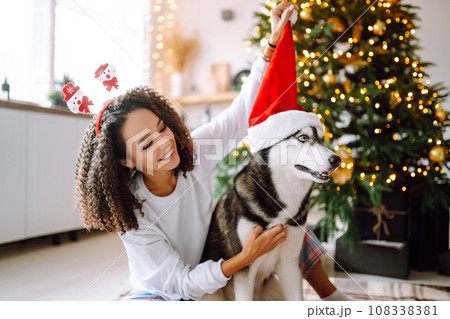 Beautiful woman playing and having fun with her dog while sitting near the christmas tree. 108338381