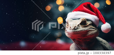 Banner of lizard in santa hat and christmas tree with bokeh background Banner of lizard in santa hat and christmas tree with bokeh background 108338397