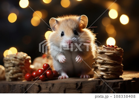 Hamster in santa hat and christmas tree with bokeh background 108338408