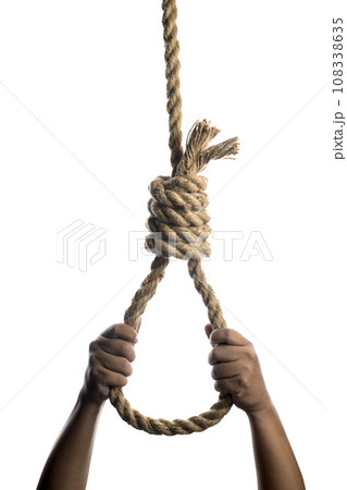 Man hand holding rope with a hangman noose knot Man hand holding rope with a hangman noose knot 108338635