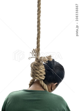 Man hanged in rope with a hangman noose knot 108338887