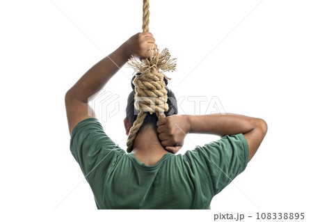 Man hanged in rope with a hangman noose knot 108338895