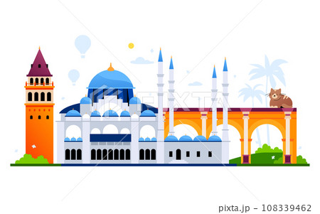 Historic buildings in Turkey - modern colored vector illustration 108339462