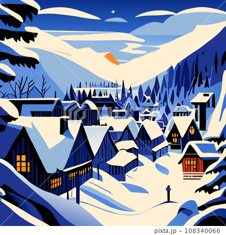 Winter night time snow village rural cozy town vector 108340066