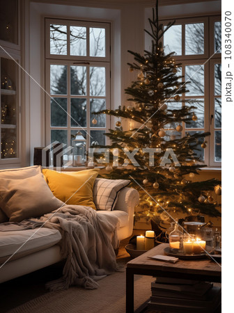 Christmas twilight setting, with tree lights illuminating a snug corner. Generative AI. 108340070