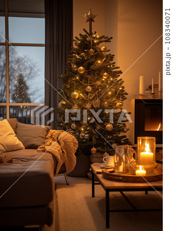 Christmas tree stands tall, complementing the serene outdoor tree lights view. Generative AI. 108340071