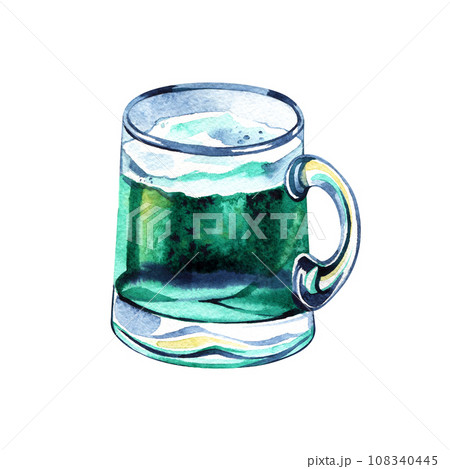 Beer mug with green beer for Saint Patrick day. Watercolor with splashing, drops for irish holiday Beer mug with green beer for Saint Patrick day. Watercolor with splashing, drops for irish holiday 108340445