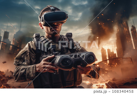 Soldier controlling fpv quadcopter drone, wearing a VR headset, modern future virtual reality warfare 108340458