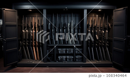 Safe for firearms. The inside of a gun cabinet. Safe storage of rifles, carbines, pistols. Black interior and gun holders. Safe for firearms. The inside of a gun cabinet. Safe storage of rifles, carbines, pistols. Black interior and gun holders. 108340464