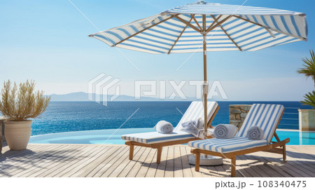 Chair on beach near sea, summer vacation and vacation concept for travel, inspiring tropical landscape 108340475