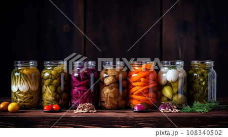 Preserving vegetables for the winter, canned vegetables in jars on a wooden table 108340502