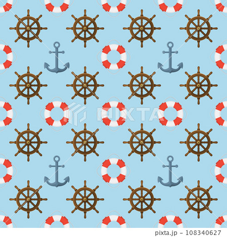 Nautical Seamless Pattern with Anchor, Lifebuoy and Steering Wheel. 108340627
