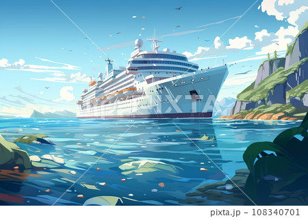 大海原とクルーザーと豪華客船 108340701