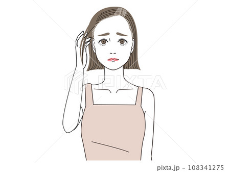 根元の白髪が伸びて困っている表情の女性 108341275