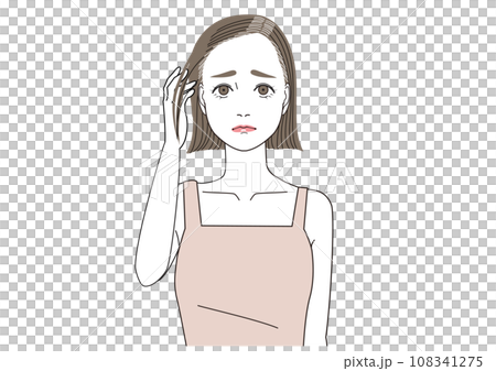 根元の白髪が伸びて困っている表情の女性 108341275