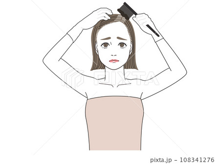 伸びてきた白髪をセルフカラーでリタッチしている女性 困った表情 伸びてきた白髪をセルフカラーでリタッチしている女性 困った表情 108341276