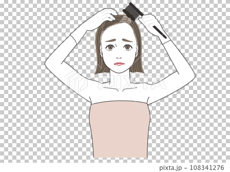 伸びてきた白髪をセルフカラーでリタッチしている女性 困った表情 伸びてきた白髪をセルフカラーでリタッチしている女性 困った表情 108341276