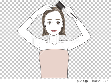 A smiling woman dyeing her growing gray hair by herself 108341277