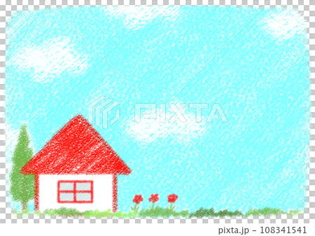 田野和紅屋頂房子的蠟筆插圖[A4，水平] 108341541