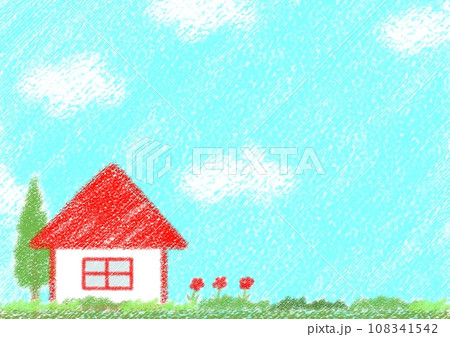 野原と赤い屋根のお家のクレヨンイラスト【A4・横】 108341542