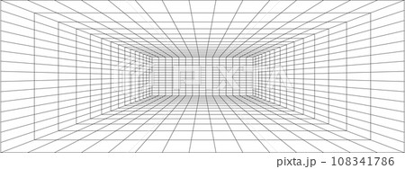 Room, hallway, studio or portal wireframe in perspective. Box grid structure. Mesh in 3D dimension. Engineering, architecting or technical outline scheme. Depth frame 108341786