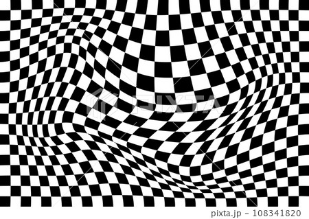 Distorted chequered chessboard background. Vaporing, stretching, deeping effect. Psychedelic pattern with warped black and white squares. Race flag texture. Trippy checkerboard Distorted chequered chessboard background. Vaporing, stretching, deeping effect. Psychedelic pattern with warped black and white squares. Race flag texture. Trippy checkerboard 108341820